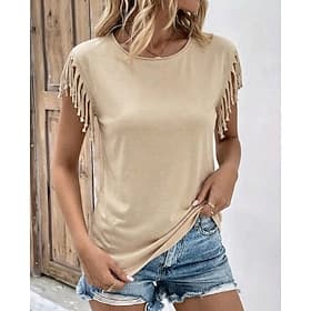 Women's T Shirt Summer Tops Tassel Vintage Fashion Hawaiian Short Sleeve Crew Neck Regular Tops Casual Daily Vacation Wear Khaki Black White Pink Army Green Su