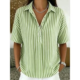 Women's Vintage Henley Striped T Shirt Short Sleeve Casual Blue Brown stripes yellow-green Yellow Light Green Summer Spring