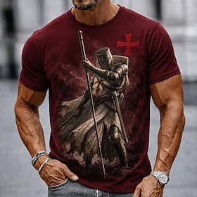 Men's Knights Templar Crusaders Cross T Shirt Short Sleeve T shirt 3D Print Crew Neck Shirt Religious Street Dark Party Burgundy Khaki Dark Blue All Seasons Cl