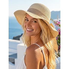 Women's Bohemian Straw Sun Hat, Multi-Color Foldable Beach Vacation Hat with Bowknot, Portable Wide Brim Hat for Casual Wear