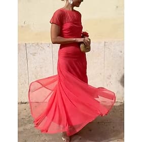Women's Maxi Dress Chiffon Dress Prom Dress Cocktail Dress Elegant Fashion Modern Vacation Party Wedding Guest Regular Fit Plain Short Sleeve Crew Neck Red Nav