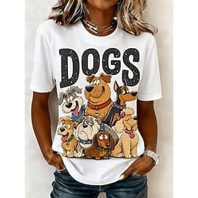 Damen T Shirt Druck Grafik Tiermotiv Hund Vintage Stilvoll Klassisch Kurzarm Rundhalsausschnitt Normale Oberteile Lässig Täglich Wochenende Blau Schwarz Weiß R