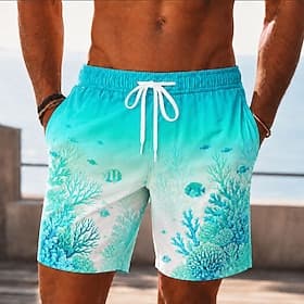 Men's Fish Coral Swim Trunks Bathing Suits Swim Shorts Board Shorts Mid Waist Hawaiian Daily Beach Vacation Wear Side Pockets Mesh Lining Elastic Drawstring Wa