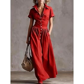Women's Maxi Dress A Line Dress Summer Dress Casual Daily Regular Fit Plain Short Sleeve Lapel Navy Black White Red Summer Spring
