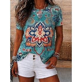 Mulheres Camiseta Imprimir Floral Gráfico Geométrica Vintage à moda Casual Manga Curta Gola Redonda Decote V Decote Redondo Tops regulares Casual Diário Final thumbnail 2