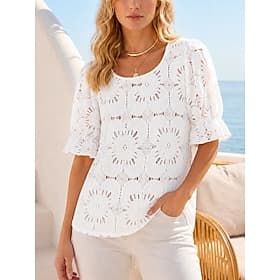Women's Blouse Solid Color Vintage Stylish Classic Short Sleeve Crew Neck Long Tops Casual Daily White Summer Spring