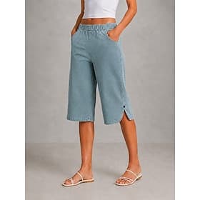 Damen Caprihose Jeans Weites Bein Chinos Mode Wadenlang Mittlere Taille Komfort Dehnbar Urlaub Formell Schwarz Hellblau Grau Sommer Frühling Normale Passform