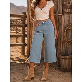 Women's Capri Pants Jeans Wide Leg Chinos Fashion Capris High Waist Comfortable Black Light Blue Gray Summer Spring thumbnail 2