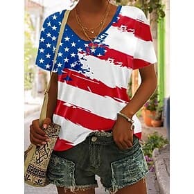 American Independence Day Women's T Shirt Print Graphic Letter American Flag Vintage Stylish Classic Short Sleeve V Neck Regular Tops Casual Daily Blue Black R