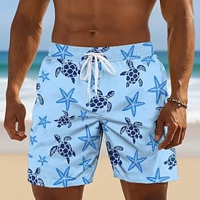 Men's Tortoise Starfish Swim Trunks Bathing Suits Swim Shorts Board Shorts Mid Waist Hawaiian Daily Beach Vacation Wear Side Pockets Mesh Lining Elastic Drawst