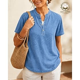Women's 100% Cotton Henley Shirt Solid Color Vintage Fashion Stylish Short Sleeve V Neck Regular Tops Casual Beach Blue Khaki Black Purple Orange Summer Spring
