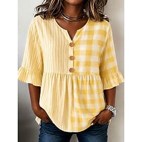 Women's Shirt Buttons Print Graphic Plaid Vintage Daily Stylish Half Sleeve V Neck Regular Tops Casual Daily Yellow Summer Spring