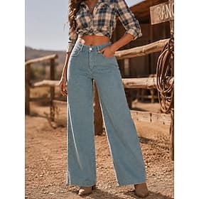 Damen Jeans Weites Bein Chinos Baggy-Hosen Mode Volle Länge Hohe Taille Schwarz Hellblau Grau Frühling thumbnail 3