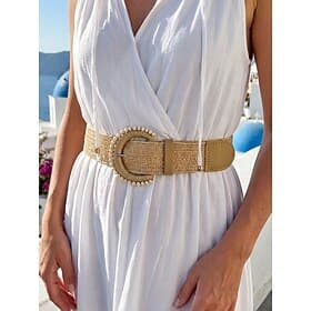 Women's Boho Straw Woven Belt, Wide Raffia Waist Belt with Beaded Buckle, Casual Cinch Belt for Summer Beach Vacation  Daily Wear, Khaki/Beige
