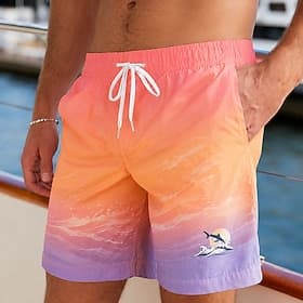 Men's Dolphin Ocean Waves Swim Trunks Bathing Suits Swim Shorts Board Shorts Mid Waist Hawaiian Daily Beach Vacation Wear Side Pockets Mesh Lining Elastic Draw