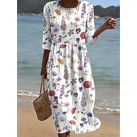 Damen Midikleid Sommerkleid Urlaub Lässig Boho Ferien Normale Passform Blumen Grafik Halbarm Rundhalsausschnitt Blau Weiß Hellgrün Sommer Frühling