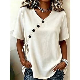 Women's Blouse Solid Color Vintage Stylish Casual Short Sleeve V Neck Regular Tops Casual Daily Blue Khaki Black White Pink Summer Spring