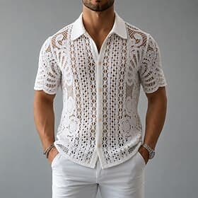 Men Shirt Casual Shirt Button Up Shirt Jacquard Shirt White Short Sleeve Plain Shirt Collar Casual Daily Hollow Out Clothing Apparel Elegant Fashion Casual