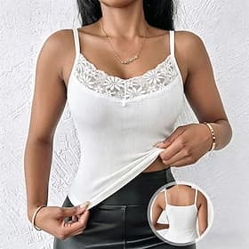 Women's Camisole Tank Top Texture Lace Trim Elegant Sleeveless Scoop Neck Regular Tops Casual Daily Black White Grey Summer Spring