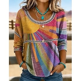 Femmes Chemise Haut à œillets Chemise Décontractée Fleuri Graphique Élégant Bohème Actif Manche 3/4 Col ras du cou Hauts Longs Occasionnel Bleu Vert cendré Ros