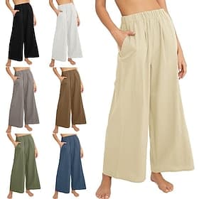 Women's Cotton Wide Leg Fashion Streetwear Casual Full Length High Waist Plain Pocket Elastic Waistband Comfy Comfort Soft Stretchy Outdoor Vacation Street Blu