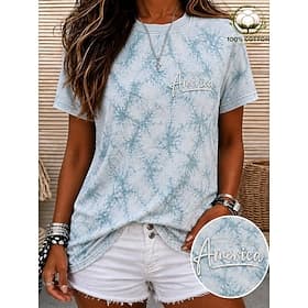 American Independence Day Women's 100% Cotton Embroidered Elegant T Shirt Cotton Shirt Tropical Fashion Short Sleeve Crew Neck Round Neck Regular Tops Casual D
