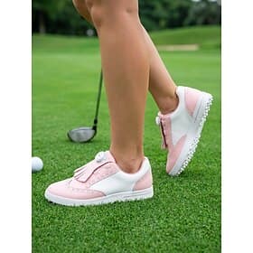 Women's Pink White Luxury Spikeless Golf Shoes – Color Block Anti-Slip Golf Sneakers with Dial Closure  Fringe for Walking, Training  Country Club Wear
