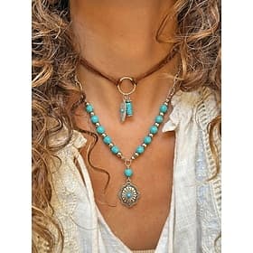 Women's Bohemian Layered Necklace with Turquoise Beads, Silver Chain, Feather  Flower Pendant, Faux Suede Strap, Casual and Vacation