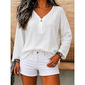 Women's 100% Cotton Summer Tops Blouse Dressy Tops Ruched Solid Color Plain Elegant Vintage Ladies Long Sleeve 3/4 Length Sleeve V Neck Regular Tops Casual Dai