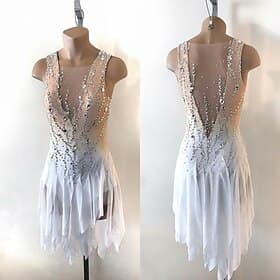 Figure Skating Dress Women's Ice Skating Dress White Patchwork Asymmetric Hem Stretchy Training Competition Skating Wear Classic Crystal / Rhinestone Sleeveles