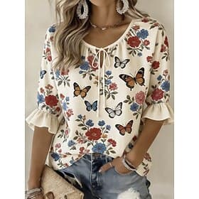 Dames Overhemd Blouse Trekkoord strik voorkant Afdrukken Bloemig Grafisch Vintage Dagelijks Stijlvol Halve mouw Strakke ronde hals Lange tops Casual Dagelijks