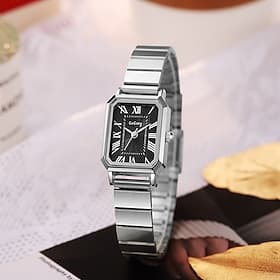 Montre rectangulaire pour femme, montre vintage en acier inoxydable argenté avec bracelet extensible et cadran à chiffres romains noirs, élégante montre-bracel