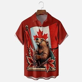 Canada Day Men's Maple Leaf Beaver National Flag Shirt Summer Shirt Button Up Shirt Short Sleeve Patriotic Outdoor Holiday Summer Spring Turndown 3D Print Coll