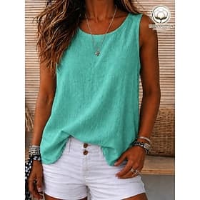 Women's Vintage Cozy 100%Cotton Washed Round Neck Sleeveless Tank Top Casual Black White Sky Blue Orange Violet Summer Spring