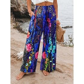 Women's Waffle Wide Leg Vacation Basic Full Length Mid Waist Print Comfort Stretchy Vacation Formal Street Blue Summer Spring Loose Fit
