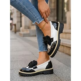 Women's Retro Black  White Oxford Loafers - Classic Brogue Shoes with Bow Detail  Chunky Sole for Daily Office, School  Casual Walking