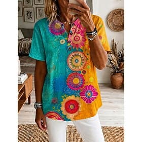 Women's Shirt Tunic Floral Graphic Elegant Fashion Daily Short Sleeve V Neck Regular Tops Casual Daily Orange Summer Spring