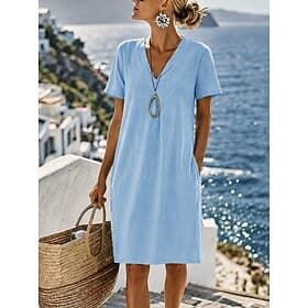 Robe en coton et lin pour femme, longueur genou, robe droite, robe d'été, coupe ample et décontractée, manches courtes, col en V, bleu, jaune, vert, été, print