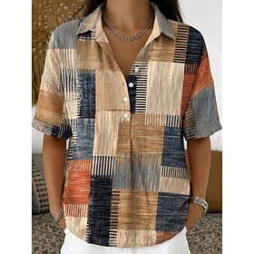 Women's Shirt Buttons Print Graphic Geometric Vintage Daily Stylish Short Sleeve Turndown Long Tops Casual Daily Holiday Blue Khaki Pink Purple Summer Spring