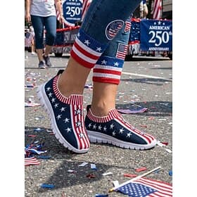 Women's Red Blue Striped Slip On Sport Shoes – Comfortable Walking Sock Shoes with Shock Absorption for Independence Day Parade Casual Streetwear