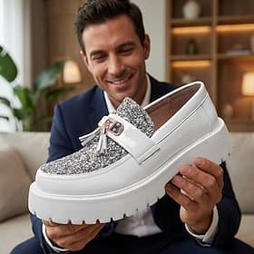 Mocassins à paillettes blanches pour homme, à enfiler, avec semelle épaisse, chaussures habillées élégantes pour mariages, fêtes, banquets, bals de fin d'année