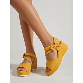 Women's Yellow Wedge Sandals with Bow Knot Design – Lightweight Elastic Summer Shoes for Casual, Vacation, Garden Date, Travel and Everyday Wear