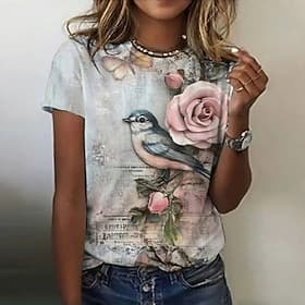 Women's T Shirt Print Floral Graphic Vintage Stylish Classic Short Sleeve Crew Neck V Neck Round Neck Regular Tops Daily White Green Light Grey Summer Spring F