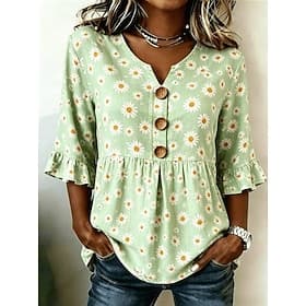Easter Women's Shirt Floral Graphic Daisy Vintage Stylish Long Sleeve V Neck Long Tops Casual Daily Holiday Blue Light Green Summer Spring