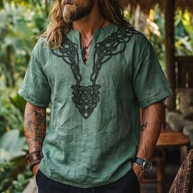 Voor heren Overhemd Viking-stijl Zomer overhemd Strand hemd Effen Kleur Casual Dagelijks blauw Zwart Wit Blozend Roze Korte mouw V-hals Zomer Lente Kleding