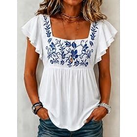 Women's Shirt Ruched Embroidered Print Floral Graphic Elegant Bohemia Vacation Short Sleeve Crop Tops Casual Daily Going out White Summer Spring