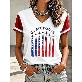 American Independence Day Women's T Shirt Print Graphic American Flag Vintage Stylish Classic Short Sleeve V Neck Regular Tops Casual Daily Blue White Red Summ thumbnail 2