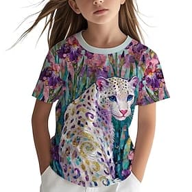 Girls' 3D Graphic Leopard T shirt Tee Short Sleeve 3D Print Summer Spring Sports Fashion Streetwear Kids 5-12 Years Crew Neck Casual Daily Outdoor Regular Fit