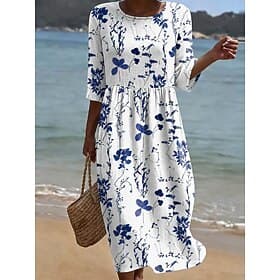 Damen Midikleid Sommerkleid Urlaub Lässig Boho Ferien Normale Passform Blumen Grafik Halbarm Rundhalsausschnitt Blau Hellgrün Beige Sommer Frühling