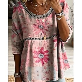 Women's Shirt Eyelet Top Casual Shirt Floral Graphic Elegant Bohemia Vacation 3/4 Length Sleeve Crew Neck Regular Tops Casual White and Blue White and Red Dust